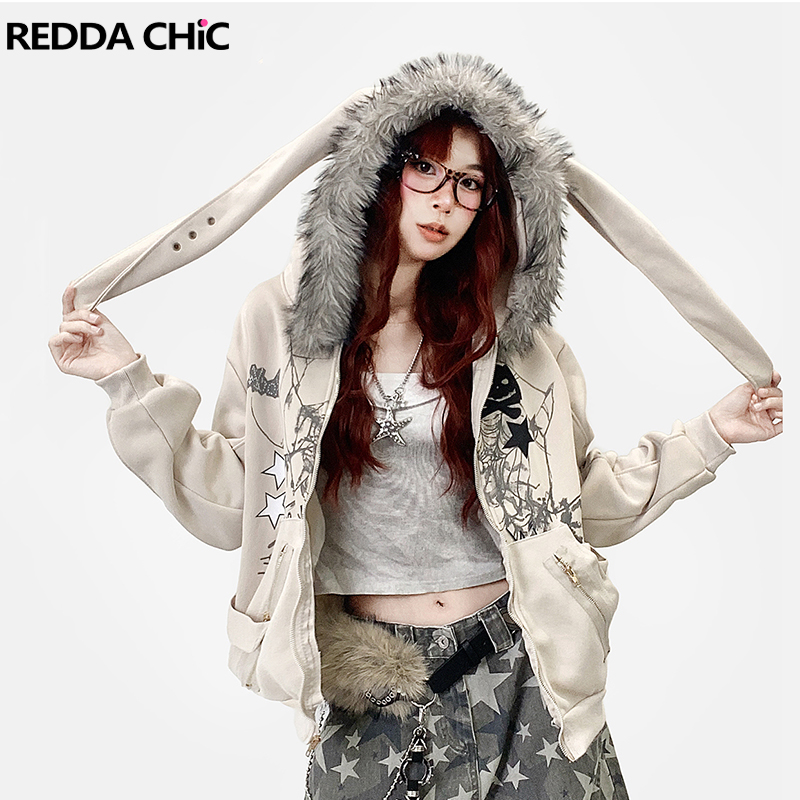 Embroidery Zip Up Hoodie - REDDACHiC Aesthetic Zip Up Graphic Hoodies