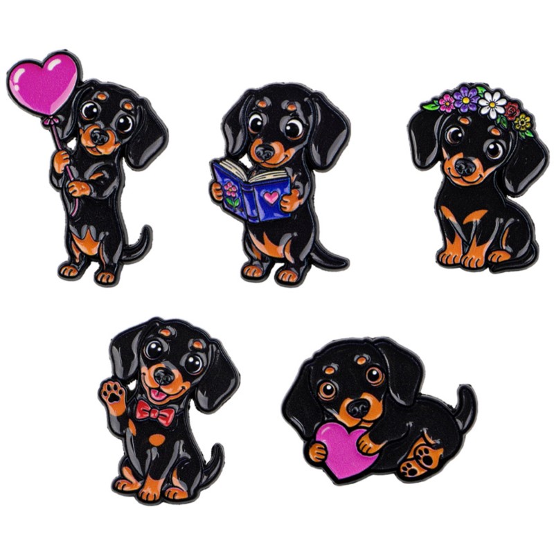 Embroidery Textile - 5pcs Cute Dachshund Enamel Pin Set