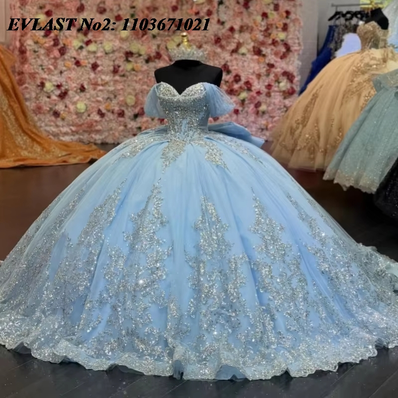 Embroidery Glass Beads - EVLAST Customized Princess Sky Blue Qinceanera