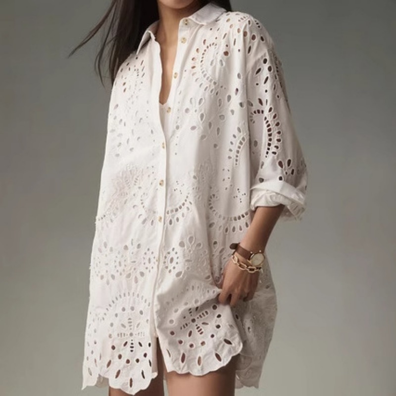 Embroidery Eyelet - Women Solid Eyelet Embroidery Shirt Dress