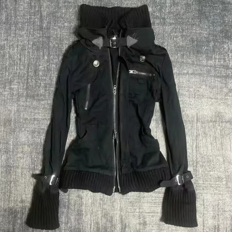Embroidery Zip Up Hoodie - Y2K Gothic Black Slim Double Zipper