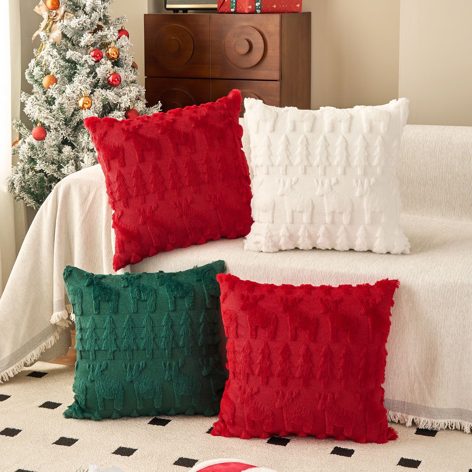 Embroidery Xmas Tree - Christmas Plush Pillow Cover Set with