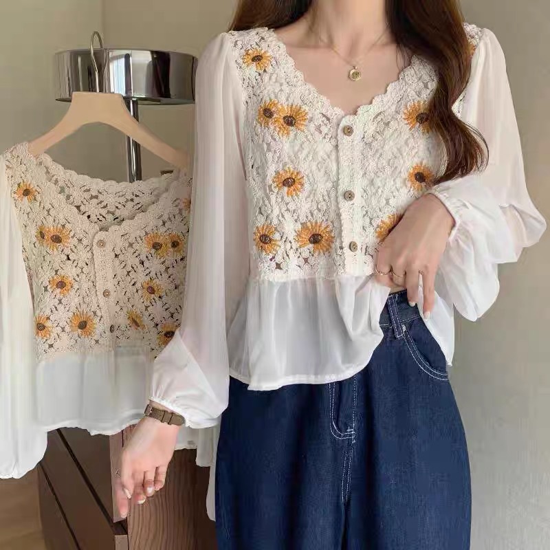Crochet Top Chiffon Flower Emb - đánh giá và giá Embroidery Daisy