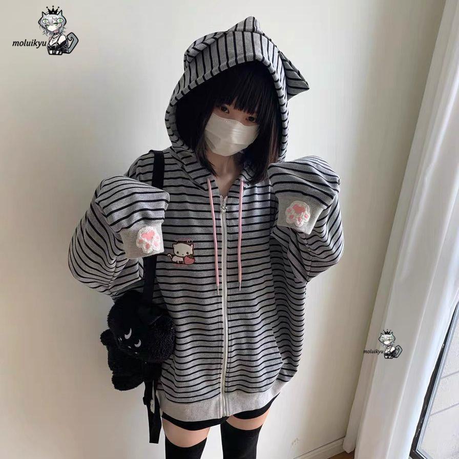 Y2K Women Striped Zip Up Jacke - đánh giá và giá Embroidery Zip Up Hoodie