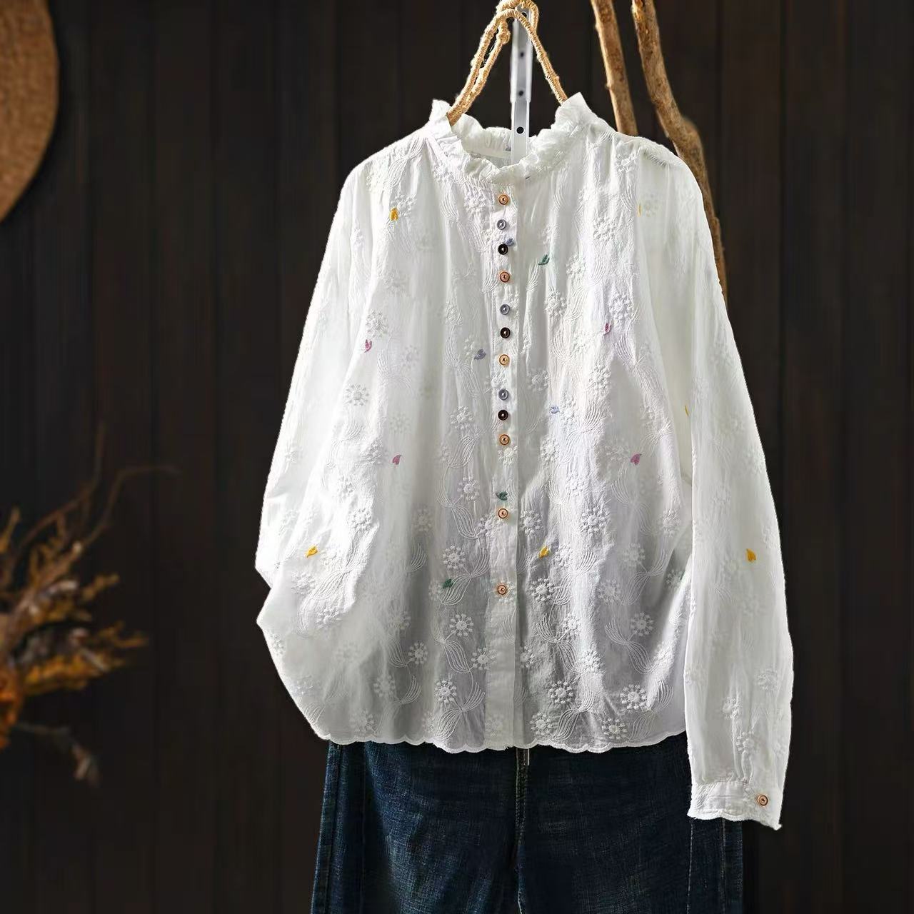 Women Ruffled Stand Collar Blo - đánh giá và giá Embroidery Eyelet