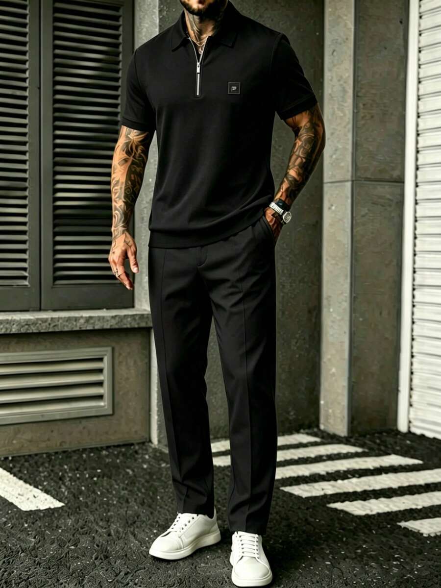 Mens Black Quarter-Sleeve Zip- - đánh giá và giá Embroidery Men Shirt